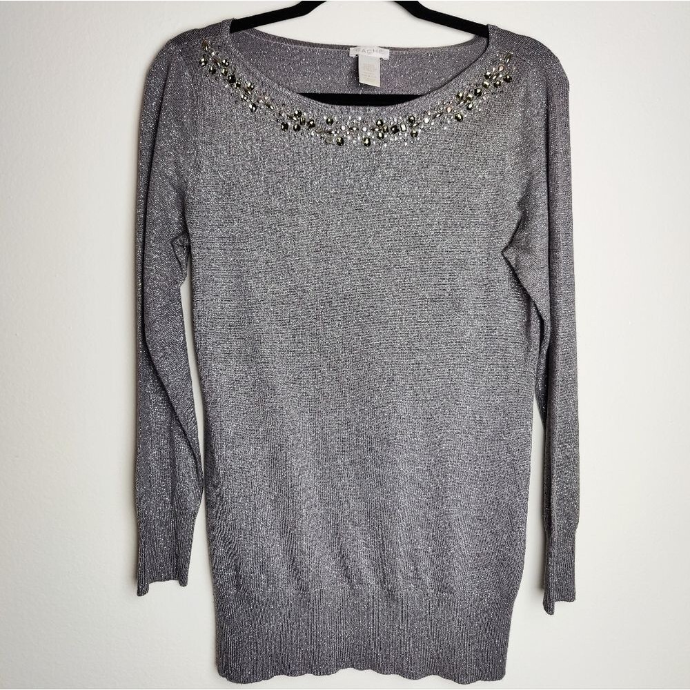Vintage 90s Y2K Silver Lurex Metallic Sweater w Rhinestone Neckline, Size L
